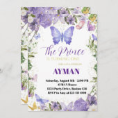 Purple Butterfly 1st Birthday招待状for Boy - 招待状 (正面/裏面)