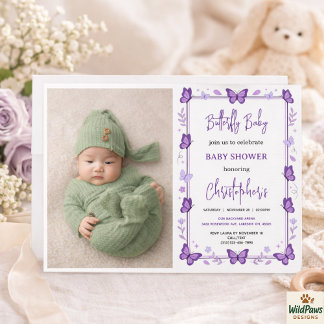 Purple Butterfly Baby Girl Baby Shower  招待状