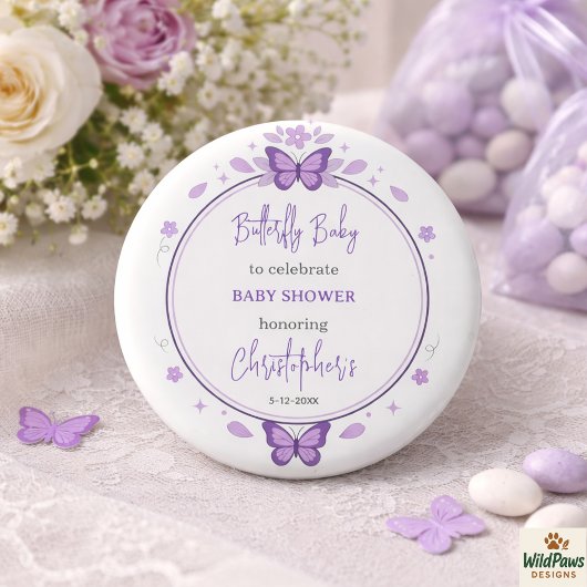 Purple Butterfly Baby Girl Baby Shower 缶バッジ