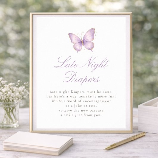 Purple Butterfly Baby Shower Late Night Diapers ポスター