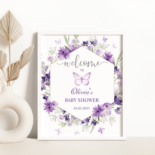 Purple butterfly baby shower welcome sign ポスター