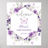 Purple butterfly baby shower welcome sign ポスター (正面)