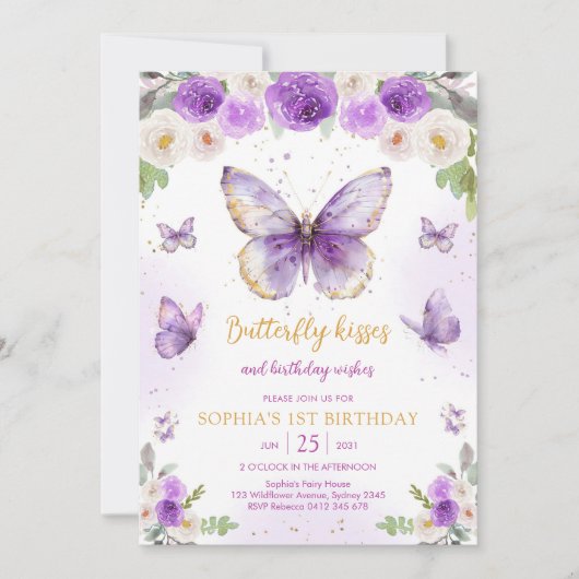 Purple Butterfly Floral Girl Birthday Invitation 招待状 (正面)
