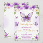 Purple Butterfly Floral Girl Birthday Invitation 招待状 (正面/裏面)