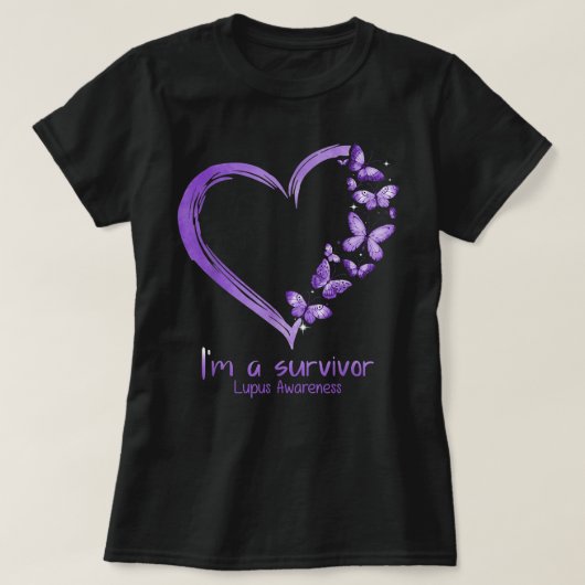 Purple Butterfly Heart I'm A Survivor Lupus Awaren Tシャツ (デザイン正面)