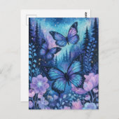 Purple Butterfly in Magical Pine Forest Night Sky ポストカード (正面/裏面)