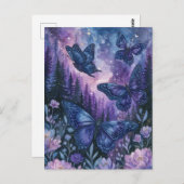 Purple Butterfly in Magical Pine Forest Night Sky ポストカード (正面/裏面)