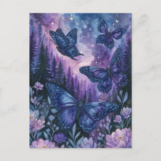 Purple Butterfly in Magical Pine Forest Night Sky ポストカード