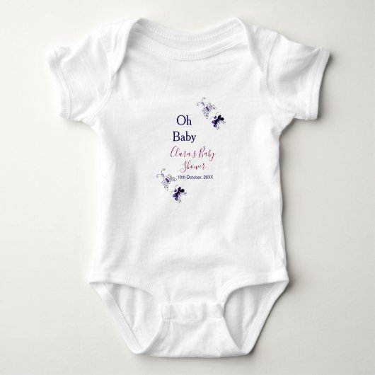Purple butterfly pink baby shower oh baby modern ベビーボディスーツ (正面)