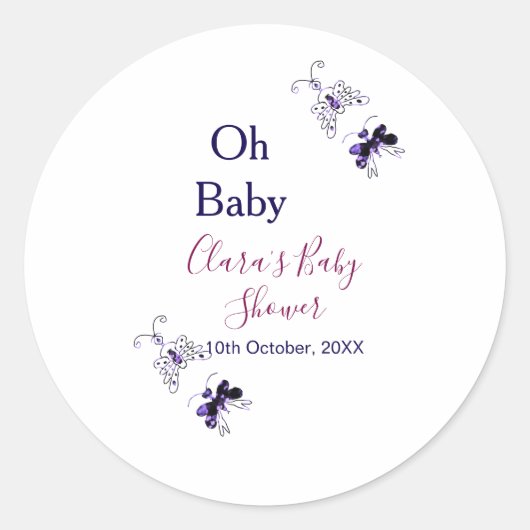 Purple butterfly pink baby shower oh baby modern ラウンドシール (正面)