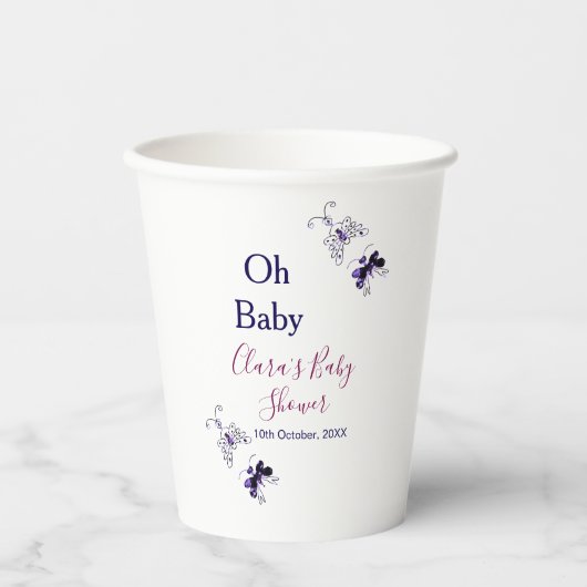 Purple butterfly pink baby shower oh baby modern 紙コップ (正面)