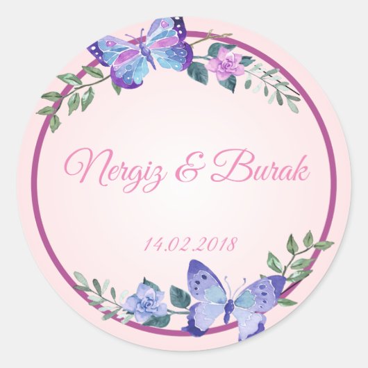 purple butterfly wedding sticker ラウンドシール (正面)