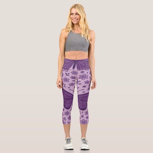 Purple Butterfly with Floral Pattern カプリレギンス (正面)