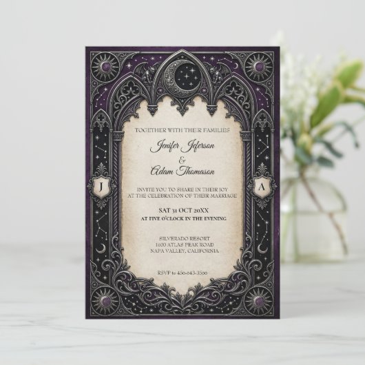 Purple Celestial Gothic Wedding Invitation 招待状 (スタンド正面)