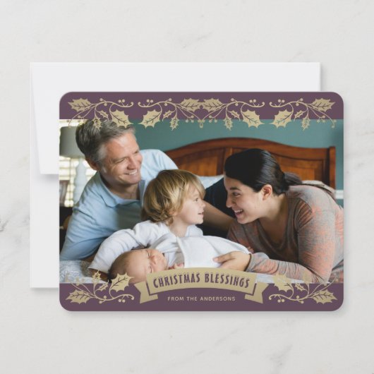 Purple Christmas Blessings Holly Berries Photo シーズンカード (正面)
