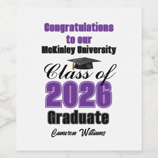 Purple Class of 2026 Graduation Party Custom ワインラベル (シングルラベル)