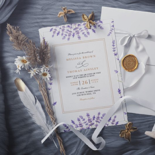 Purple Classic Watercolor Lavender QR Code Wedding 招待状