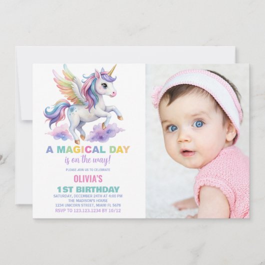 Purple Cloud Unicorn誕生日招待状写真 招待状 (正面)