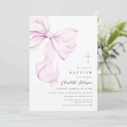 Purple Coquette Bow Baptism Invitation 招待状 (スタンド正面)