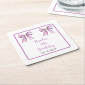 Purple Coquette Bow Birthday Party スクエアペーパーコースター (アングル)
