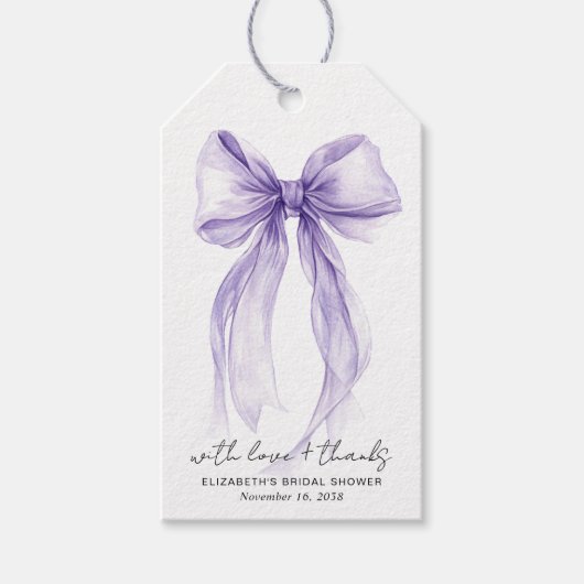 Purple Coquette Bow Watercolor Bridal Shower ギフトタグ (正面)