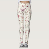 Purple Cream Butterflies Floral レギンス (正面)