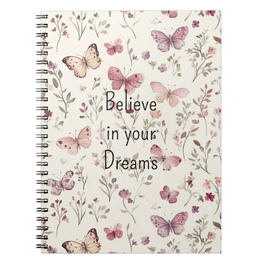 Purple Cream Butterflies Floral Believe Dreams ノートブック (正面)