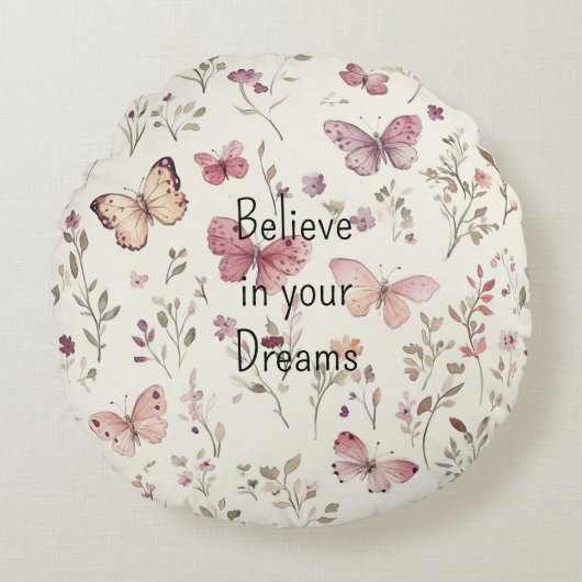 Purple Cream Butterflies Floral Believe Dreams ラウンドクッション (正面)