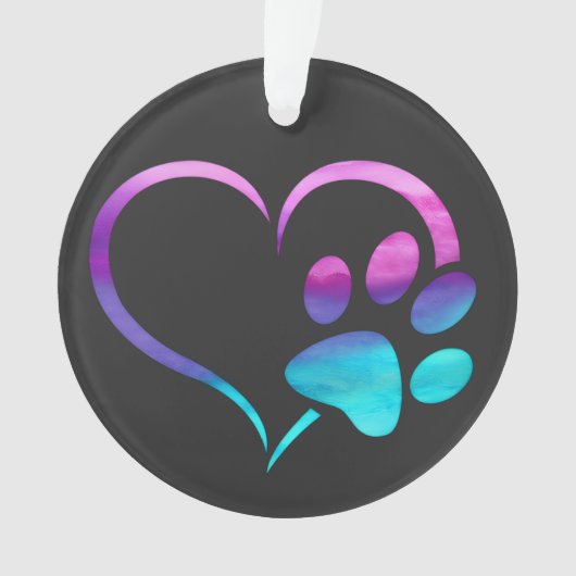 Purple Cyan Dog paw Print Heart  オーナメント (正面)
