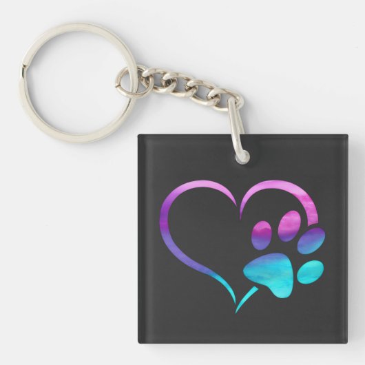 Purple Cyan Dog paw Print Heart  キーホルダー (正面)