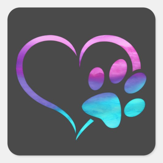 Purple Cyan Dog paw Print Heart  スクエアシール (正面)
