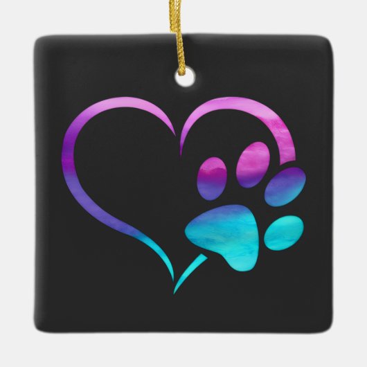 Purple Cyan Dog paw Print Heart  セラミックオーナメント (正面)