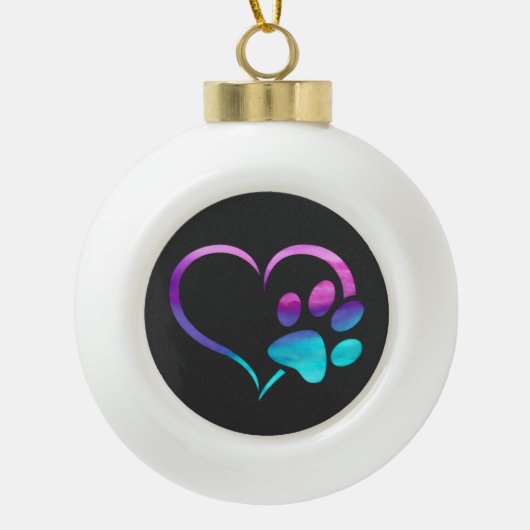 Purple Cyan Dog paw Print Heart  セラミックボールオーナメント (正面)