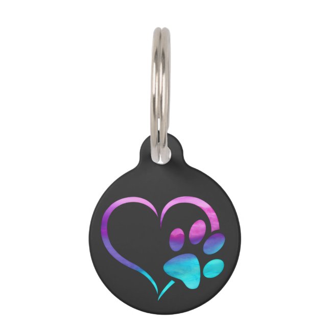 Purple Cyan Dog paw Print Heart  ペット　ネームタグ (正面)