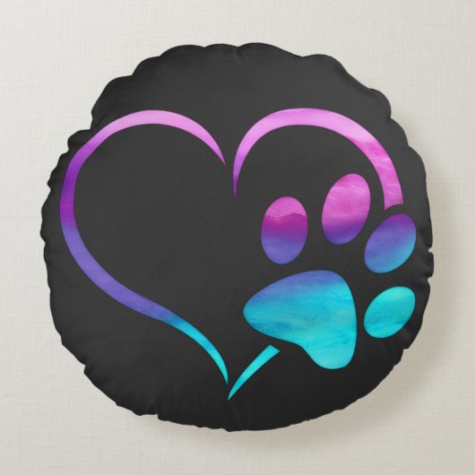 Purple Cyan Dog paw Print Heart ラウンドクッション (正面)