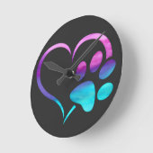 Purple Cyan Dog paw Print Heart ラウンド壁時計 (傾斜)