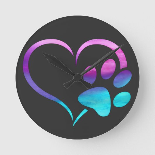 Purple Cyan Dog paw Print Heart ラウンド壁時計 (正面)