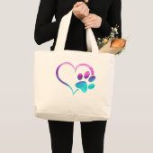 Purple Cyan Dog paw Print Heart  ラージトートバッグ (正面(商品))
