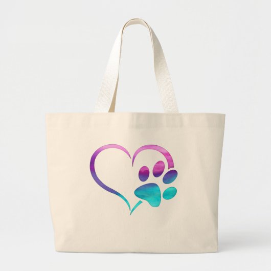 Purple Cyan Dog paw Print Heart  ラージトートバッグ (正面)