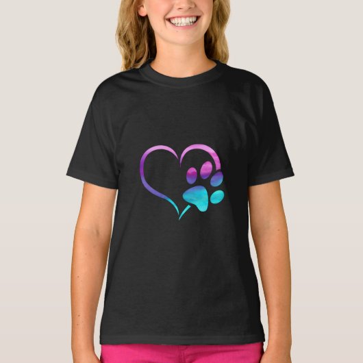 Purple Cyan Dog paw Print Heart  Tシャツ (正面)