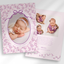Purple Ditsy Floral Bow Photo Birth Announcement 案内状