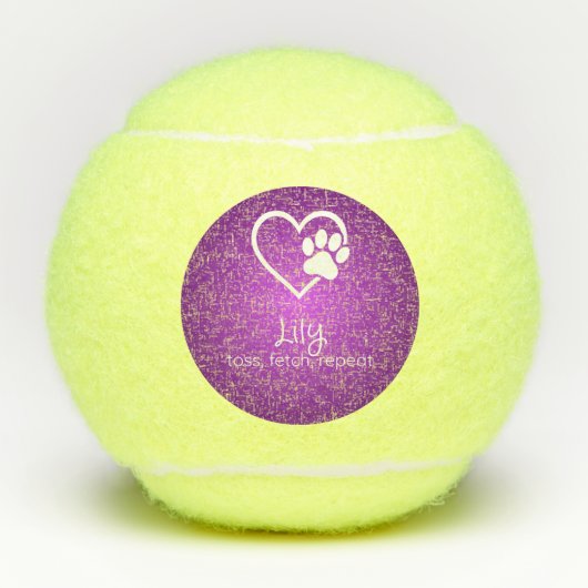 Purple Dog Name Tennis Ball 'toss, fetch, repeat' テニスボール (正面)
