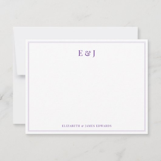 Purple Double Border Elegant Couple Monogram ノートカード (正面)