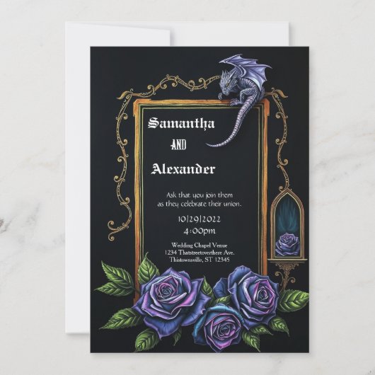 Purple Dragon and Roses Gothic Wedding Invitation 招待状 (正面)
