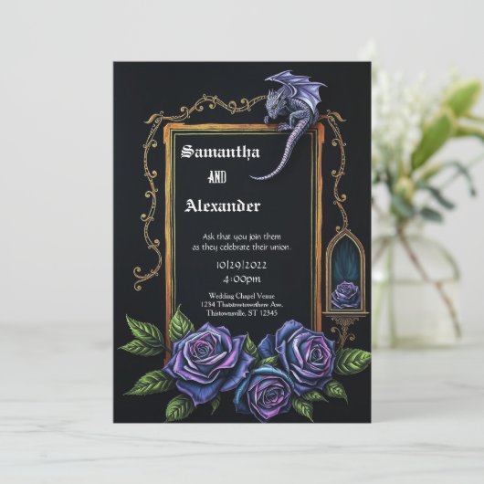 Purple Dragon and Roses Gothic Wedding Invitation 招待状 (スタンド正面)