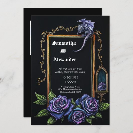 Purple Dragon and Roses Gothic Wedding Invitation 招待状 (正面/裏面)