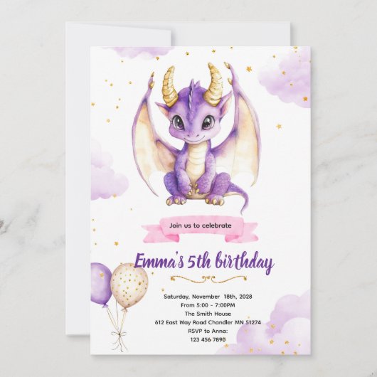 Purple dragon birthday party invitation 招待状 (正面)