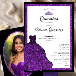 Purple Dress and Tiara Custom Photo Quinceanera 招待状