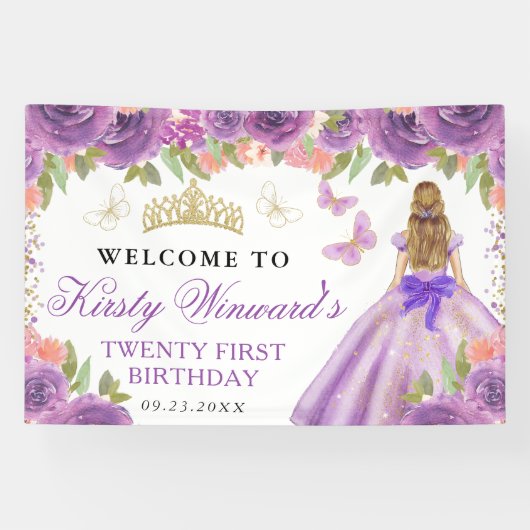 Purple Dress Blonde Princess Floral Birthday 横断幕 (横)