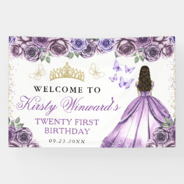 Purple Dress Brunette Princess Floral Birthday 横断幕